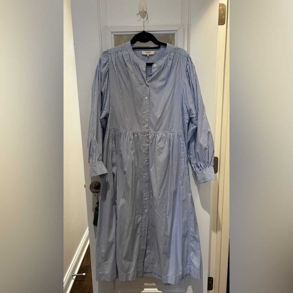 SEA Nee York Blue and White Striped Button-Front Shirt Dress